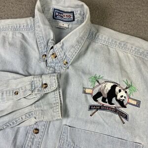VTG San Diego Zoo Shirt Button Down Mens M Jean Denim Panda Long Sleeve Pocket
